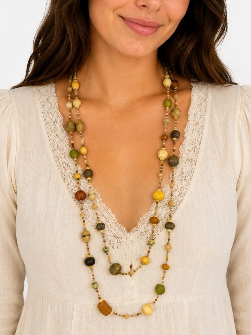 Vintage Lampwork Glass Carved Bone Beaded Long Sweater Necklace